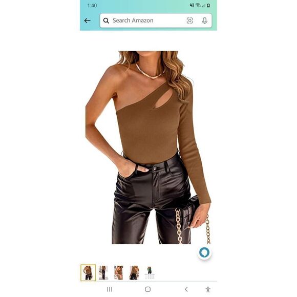New Medium Adreamly Brown Ribbed Cold Shoulder One Shoulder Cut Out Bodysuit NWT - Picture 1 of 7